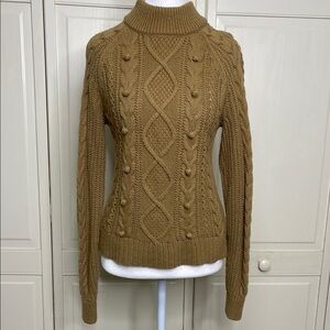 J.Crew Women’s Azra Cable Knit Pullover Tan Sz S 
Pom Pom